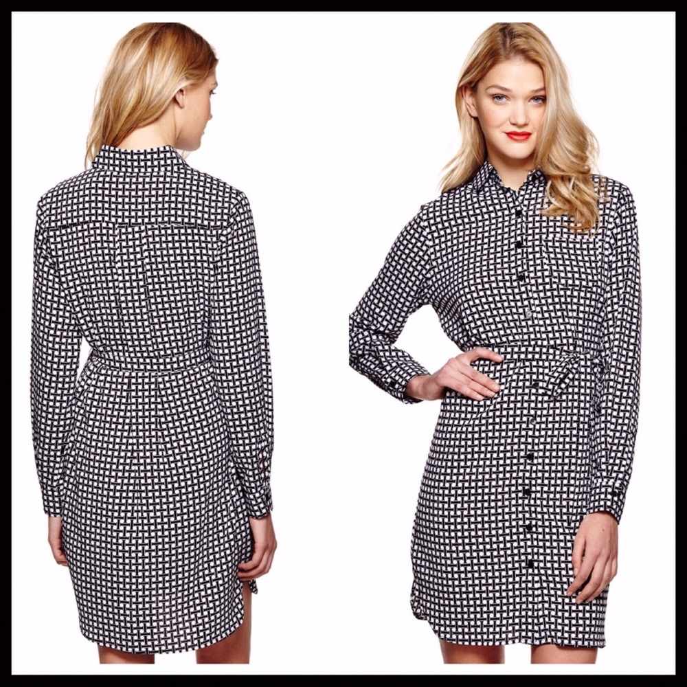BLACK WHITE PRINT BUTTON DOWN LONG SLEEVES BUSINESS CASUAL SHIRT DRESS A3C - Picture 2 of 8